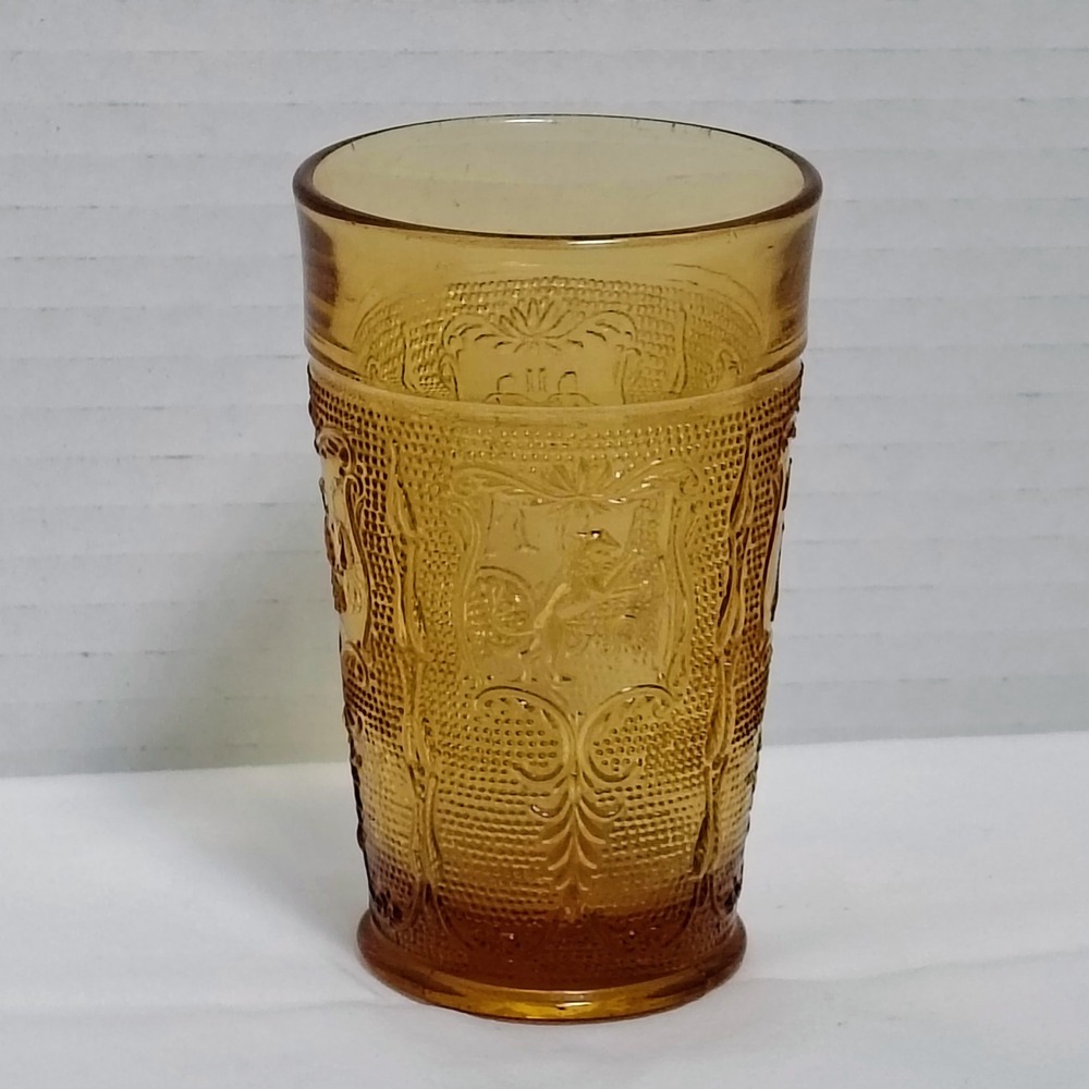 Vintage Glass Tumbler Amber Floral Crest Design Marked with‎ a CG on Bottom